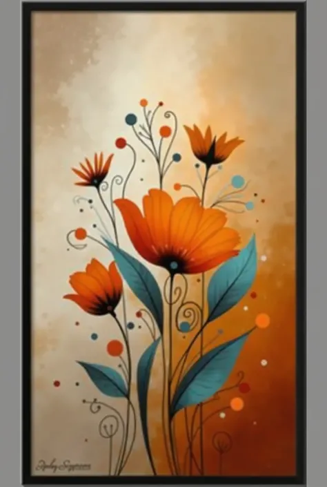 A vibrant abstract illustration of stylized flowers in shades of orange and teal, set against a softly blended beige background. The composition features various flower shapes, including large blooms and smaller blossoms, complemented by delicate swirling ...