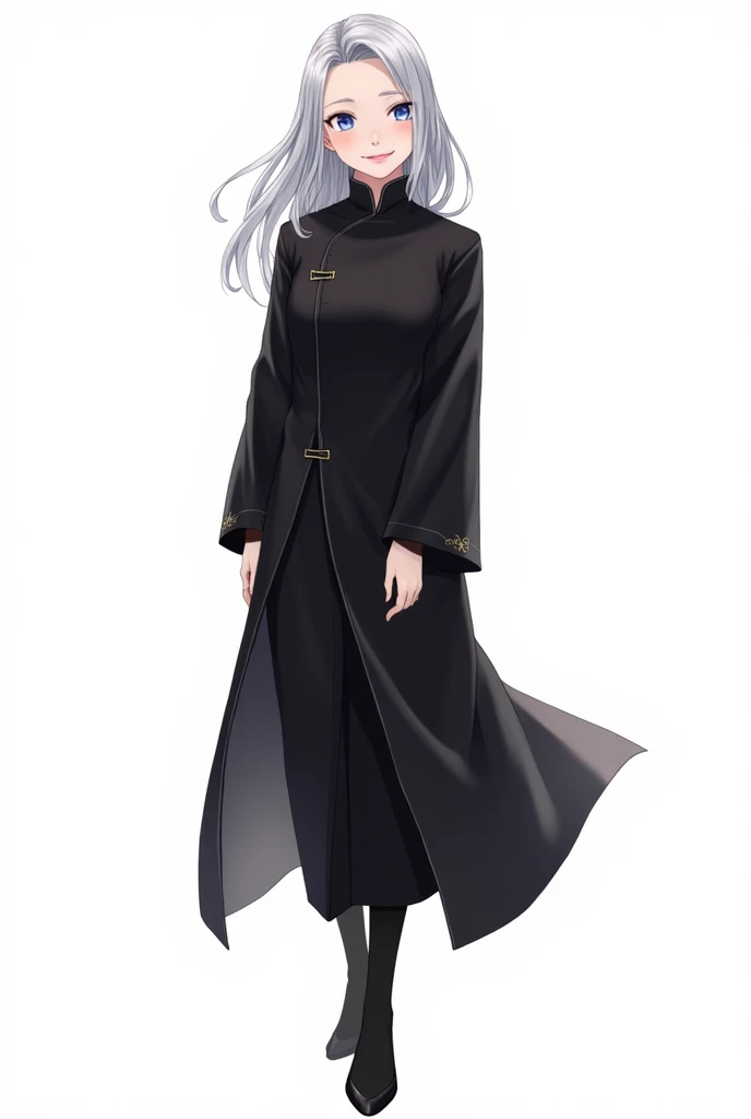 1 adult、whole bodyのイラスト、Gray Hair、Swept-up long hair、Blue Eyes、Slanted Eyes、smile、Winning spirit、exotic、Black long Chinese dress、front、whole body、Background white、Black tights、Black shoes、anime、Japanese