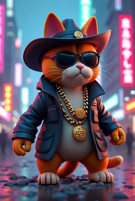 Maneki neko, wearing leather jacket, big gold necklace, wearing cowboy hat and sunglasses, smoking cigar, fighting versus baymax, maneki neko win, baymax lose, cyberpunk color tone,3d,animation