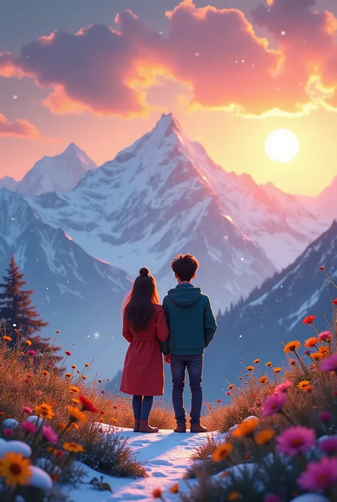 Make a realstic cinamatic image of couple stand on the sunset views and seeing the himalaya eye caching image snowfall and flower all over and standing couple fully colourfull cartoon charactor image 