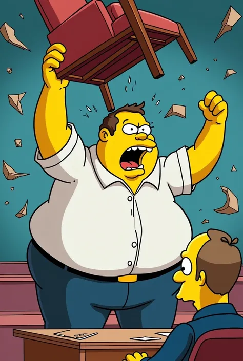 EXPRESSIVE CARICATURE OF FAT MAN ON TV DEBATE,  THROWING AND BREAKING THE CHAIR ON THE POLITICIAN&#39;S HEAD, SIMPSON FAMILY STYLE