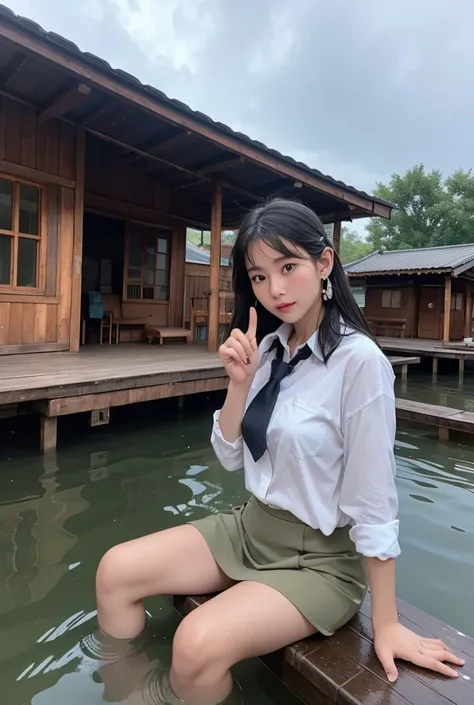 
Prompt: "A realistic scene of a flood event in northern Thailand. A woman with a D-cup chest and blushing cheeks is sitting on the roof of a wooden house with her legs apart. She is wearing a fitted, wet, white collared shirt and a black short skirt. She ...