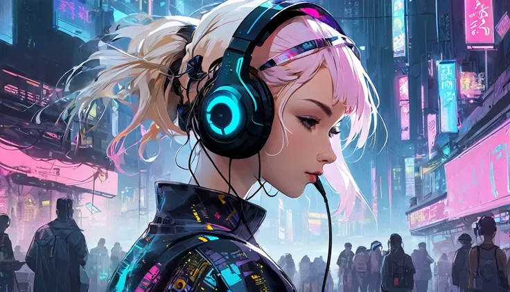 image、Rolling、Design Drawings、Cyberpunk、Beautiful woman with headphones、