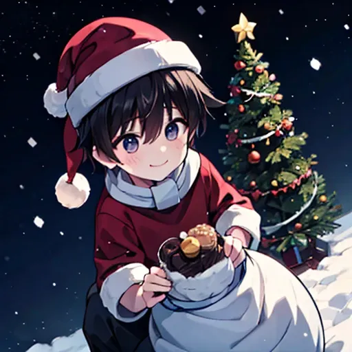 1 boy, Night view, black short hair, he is santa claus, Xmas tree, He smiles gently, Snow Scene
