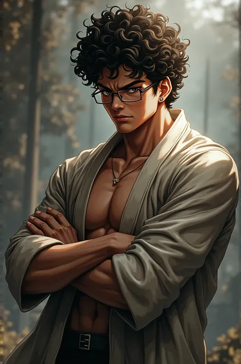 Create a baki hanma image, with curly hair and slightly dark skin wearing glasses and holding a katana in his hand