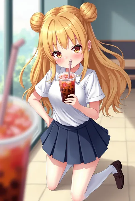 blurry foreground, blurry, depth of field, drinking straw, cup, bubble tea, double bun, motion blur, disposable cup, holding cup, bendy straw, blurry background, drinking, drink, bubble tea challenge, skirt, white legwear, long hair, ice cube, blonde hair,...