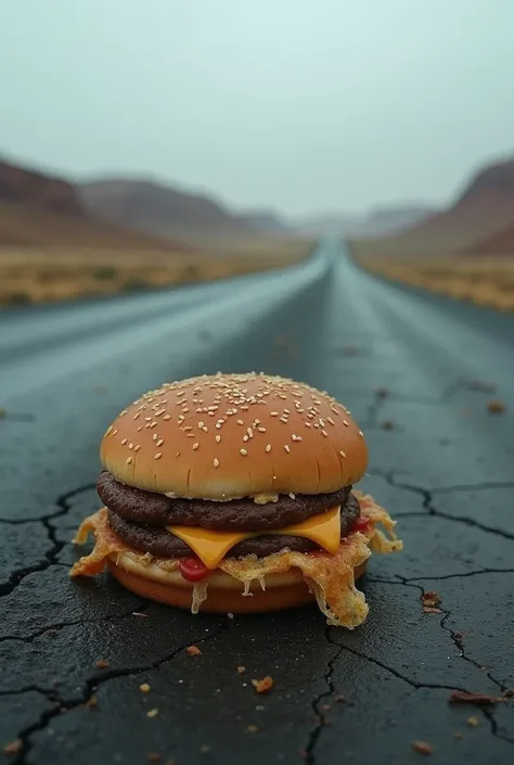 Burger abandoned on a road 
