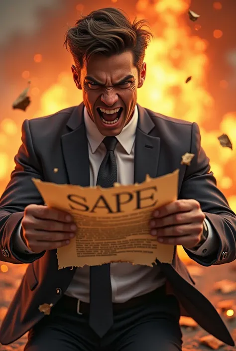 Create a dynamic and intense scene featuring a young, well-dressed businessman in a modern suit, sitting in a high-backed chair. The man looks angry and is aggressively tearing a document in half with bold, large letters. The background is fiery and dramat...