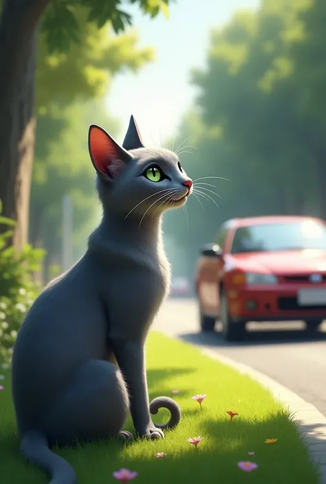 Gray cat watches a moving car