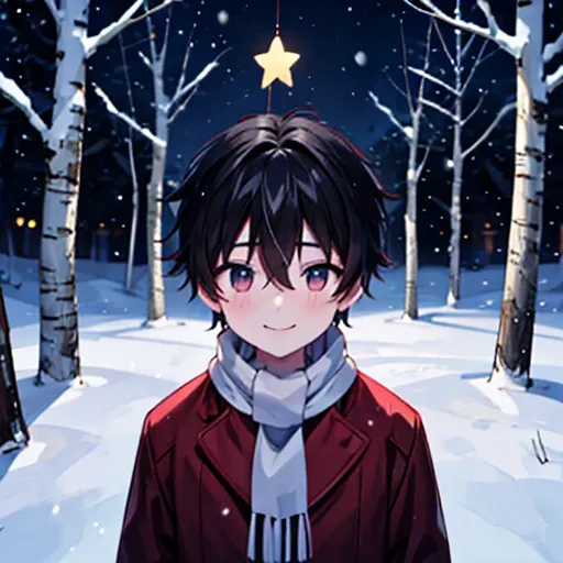 1 boy, night view, black short hair, he is santa claus, xmas tree, he smiles gently, snow scene