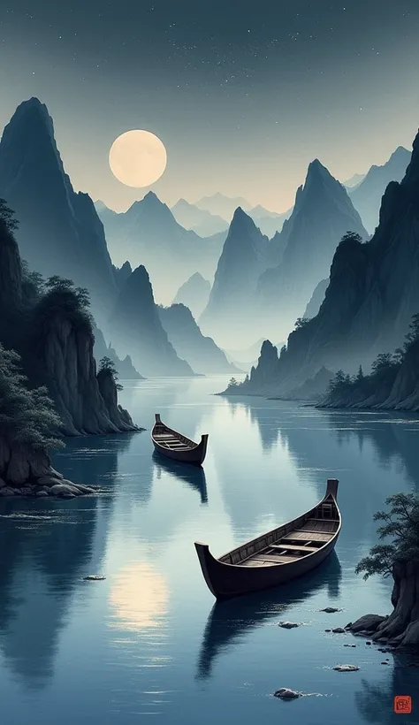 Ink painting of mountains, rivers and boats in the night sky  