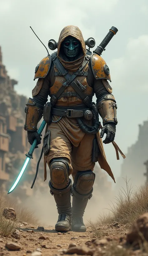 A futuristic warrior in rugged armor, wielding an energy katana, with a battle-worn robot mask and shoulder-mounted guns, traversing a post-apocalyptic wasteland with ruined cities in the distance.