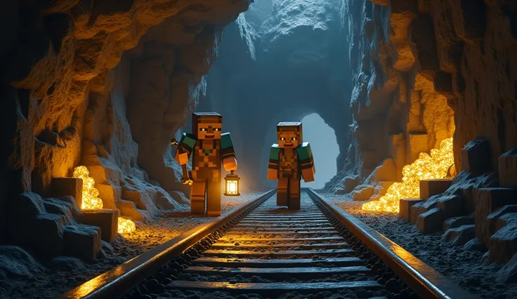 Make a photo on Minecraft I found a cave they have railway track,gold and diamond