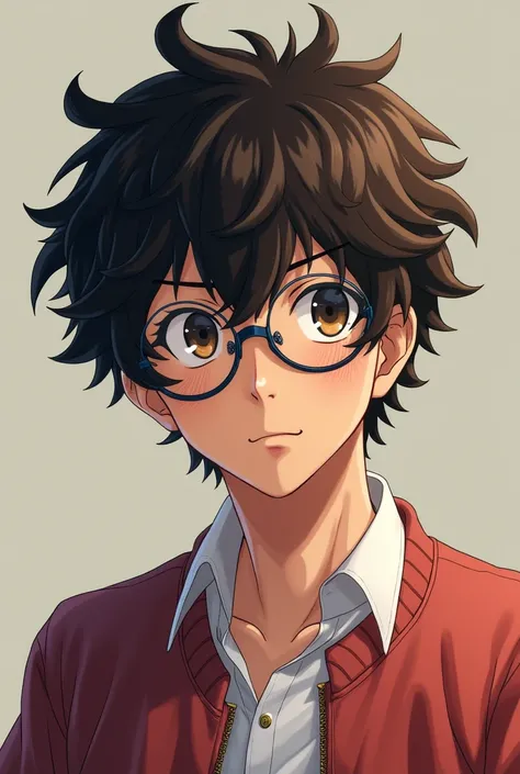 Create a baki hanma image, with curly hair and slightly dark skin wearing more realistic glasses