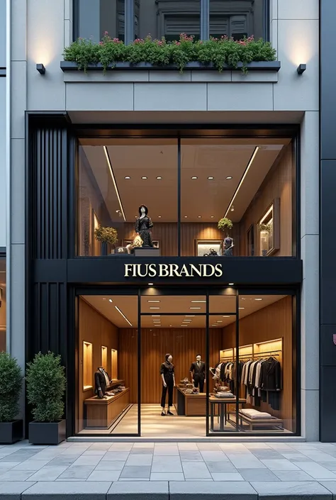 A facade of a stylish and modern clothing store named Fius Brands