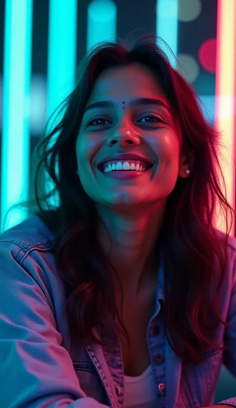 Create a vibrant background with neon colors, like electric blue and bright green, reflecting the gaming world. Place an Indian girl aged 26 to 30 in the center, smiling or laughing with gaming elements subtly integrated into the background. Bright lightin...