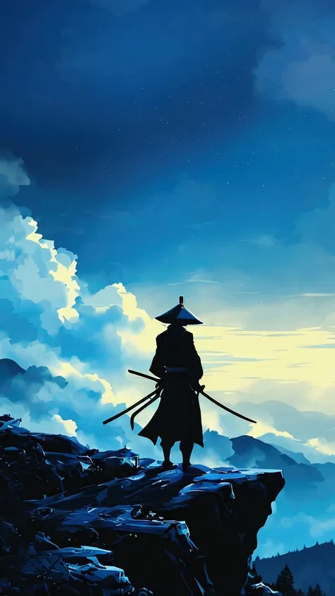 silhouette of a samurai on top of a winding mountain, night environment blue tones. vector style