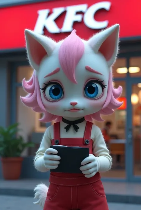 stand  little wolf in name ranga . Eyes - blue , hair  - pink , red colour off pant , body is white colour 4k quality . A ranga watching the KFC chicken shop , 
holding a small, open wallet. Look the wallet eyes - cry