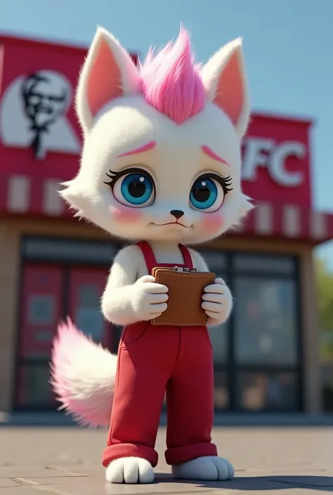 stand  little wolf in name ranga . Eyes - blue , hair  - pink , red colour off pant , body is white colour 4k quality . A ranga watching the KFC chicken shop , 
holding a small, open wallet. Look the wallet eyes - cry