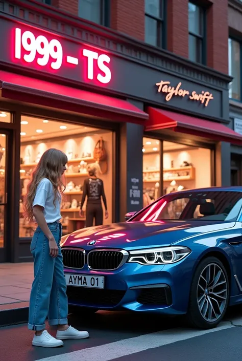  bmw car with number plate named ( ayma 01) standing in front of a big  shop in a street in newyork that have Taylor Swift accessories and the shop name should be in neon sign ( 1989 TS)
Add a girl wearing white shirt. Blue baggy jeans and while slippers n...