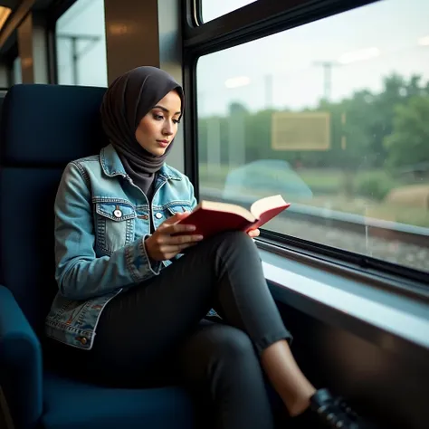 portrait, a woman wearing a hijab wearing a jeans jacket, slim trousers, sporty and fashionable, sitting in a train carriage holding an open book, her eyes looking at the view outside the glass window, light refractive effect, full body, high resolution, U...