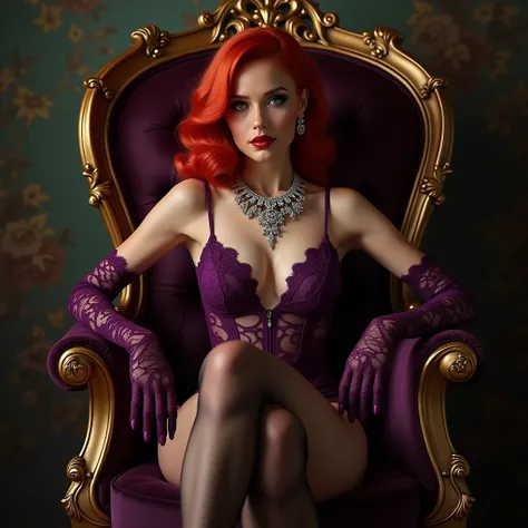 beautiful face, (masterpiece:1.4), (best quality:1.4), retro vintage pin-up style, purple lace outfit, extremely detailed, intricate, hyper-detailed, soft lighting, 20 years old pin-up girl, cute red hair, up skirt, (perfect_face), sitting on ornate throne...