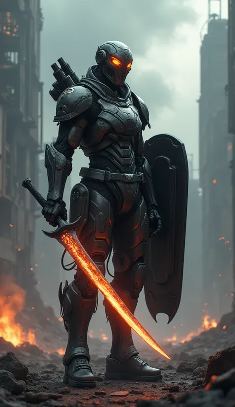 A lone, futuristic warrior stands amidst the ruins of his once-great civilization. He is clad in advanced, battle-worn armor, with a glowing, energy-infused katana in one hand and a massive, high-tech shield in the other. His robotic mask is cracked but st...