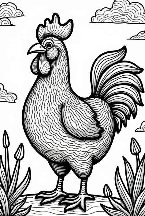 Design drawing coloring page.The chicken is in stripes.
