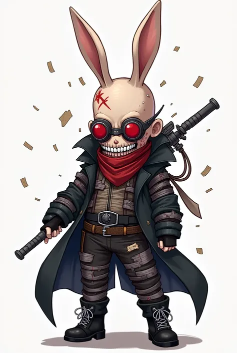 wears a bandana and red goggles. His entire body is covered with wounds/bandages, yet they do not slow him down, black coat, black combat boots, metal jaw, bald. He works under the employment of unknown higher powers. Madness Combat character, Krinkels, ch...