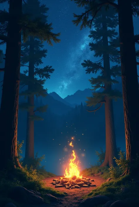 landscape, summer, night, forest, campfire in one place, unmanned, nobody, starry sky, HD detail, ultra detail, film, hyper realism, soft light, deep focus bokeh, ray tracing, hyper realism. , Art Station pixiv Gwise, Makoto Shinkai, Art Germ