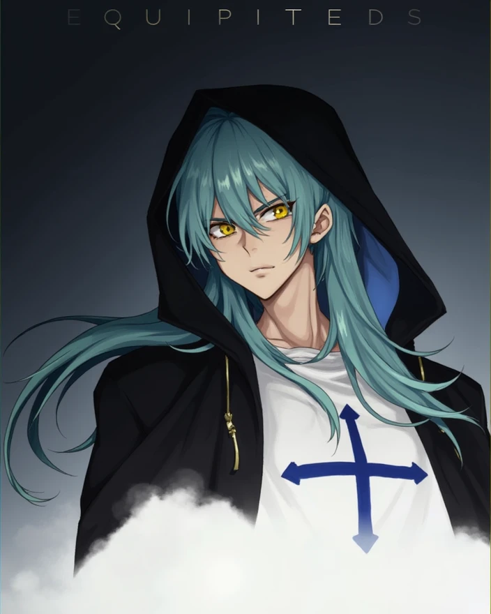 Long blue hair with yellow eyes. His clothing is black and blue with a hood that does not cover his face.. 