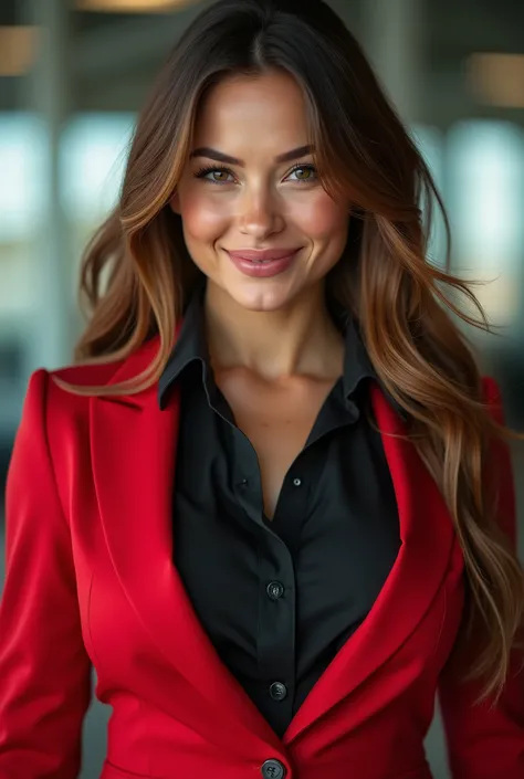 very long brown hair with slight ginger highlights, cascading down in front of one eye, female athlete with epic bigboobs, closeup j-cup breasts stretching her buttoned-up black business shirt, red power business suit, natural, freckles, smirking playfully...