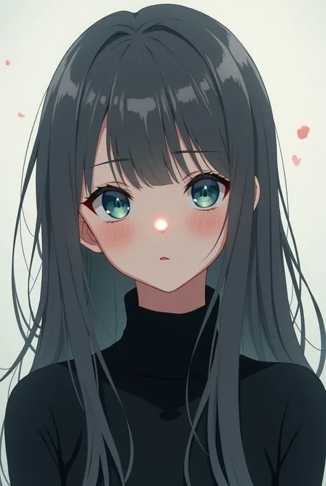 Anime girl with long dark grey hair and aqua blue eyes wearing a black turtle neck whilst having a determined smile