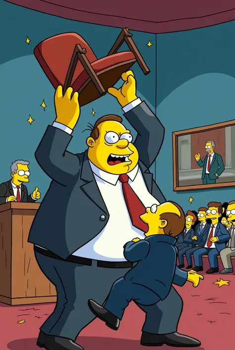 EXPRESSIVE CARICATURE OF FAT MAN ON TV DEBATE,  HITTING THE POLITICIAN ON THE HEAD WITH A CHAIR, SIMPSON FAMILY STYLE