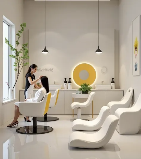 Professional 3d architecture rendering design of modern and minimal and high tech and Japanese design for the room in barber women salon that in this room coloring the women’s hair and 3   Circular white orange  chairs and washbasins  sink  specially for  ...