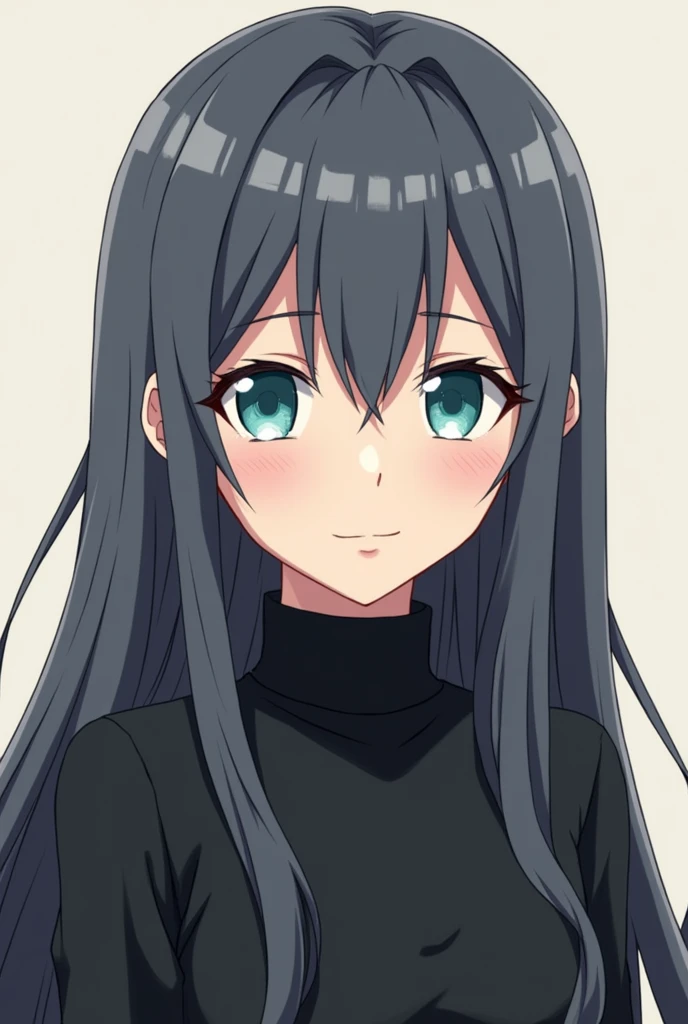 MHA Anime girl with long dark grey hair and aqua blue eyes wearing a black turtle neck whilst having a determined smile