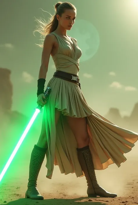 Natalie Portman as a Jedi, green lightsaber, thick_thighs, thigh_boots, knee_length_skirt, pleated_skirt 