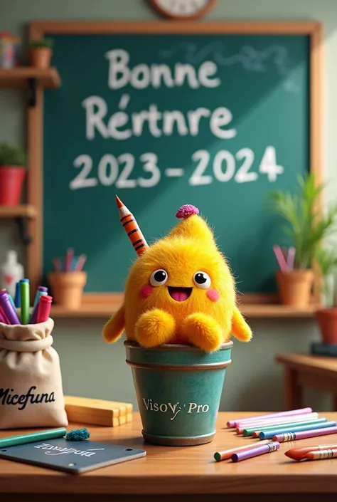 Au tableau dune classe écrit Bonne rentré 2023-2024.
 VISOYA-Pro sur un pot , 
 Sur un sac remplis de fournitures écrit MICEFUNA. Sur une ardoise écrit ZAVAFEN.