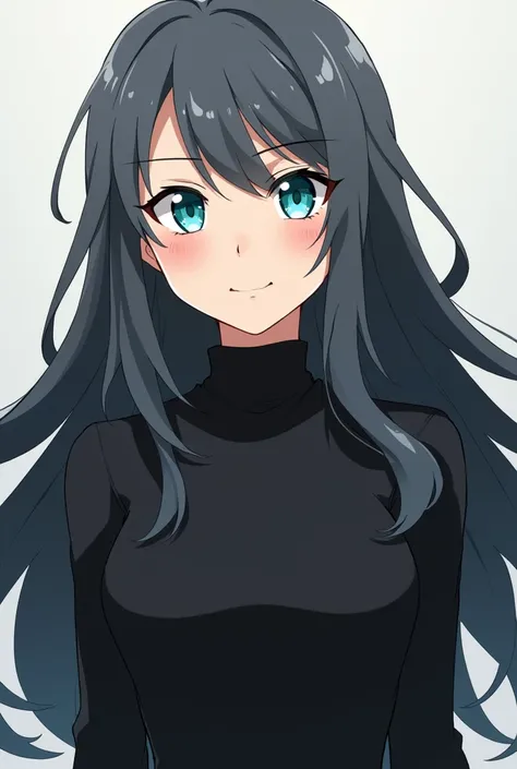 My Hero academia, Anime girl with long dark grey hair and aqua blue eyes wearing a black turtle neck whilst having a determined smile