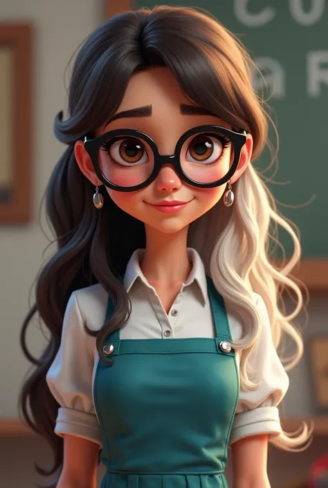 CREATE VANELOPE FROM WRECK-IT RALPH. FROM A TEACHER WITH A PETROLEUM BLUE APRON, and white blouse. WITH VERY LONG HAIR, LOOSE With subtle bangs. HAIR COLOR DIVIDED IN HALF INTO TWO COLORS,   THE LEFT HALF IS BROWN AND THE RIGHT HALF IS ALMOST WHITE LIGHT B...