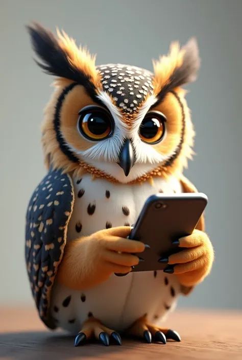 Create a realistic style owl holding a cell phone, smiling and looking at the device screen. The owl must be rich in details, with realistic textures on the feathers, expressive eyes, and a natural pose. The cell phone must have brightness and details, ref...