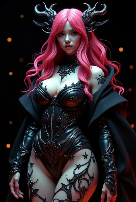 A cinematic medium shot of a dark fantasy scene with a powerful and enchanting female protagonist with striking neon pink hair. She dons a form-fitting outfit adorned with intricate architectural, anime, graffiti, and 3D render details. The background mast...