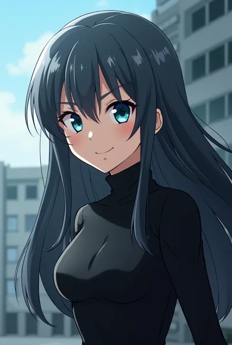 My Hero academia, Anime girl with long dark grey hair and aqua blue eyes wearing a black turtle neck whilst having a determined smile facing the side