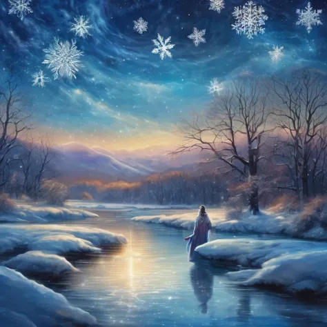 ultra-fine illustrations, best quality, deep starry sky, the flow of the river is soft and shining , women standing on the river...