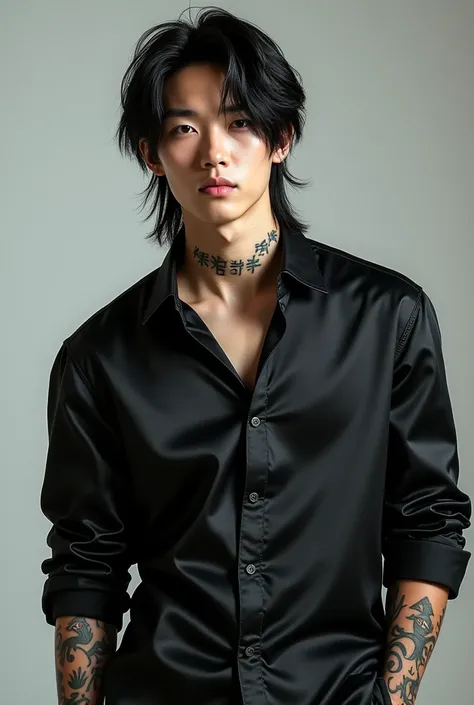 A Korean boy wearing a black shirt, long hair and have letter tattoos on their neck and arms. He is a single boy, with a strong build, whose shirt is a long-sleeved dress, with a strong build y con tatuajes de letras en el cuello y los brazos. And the phot...