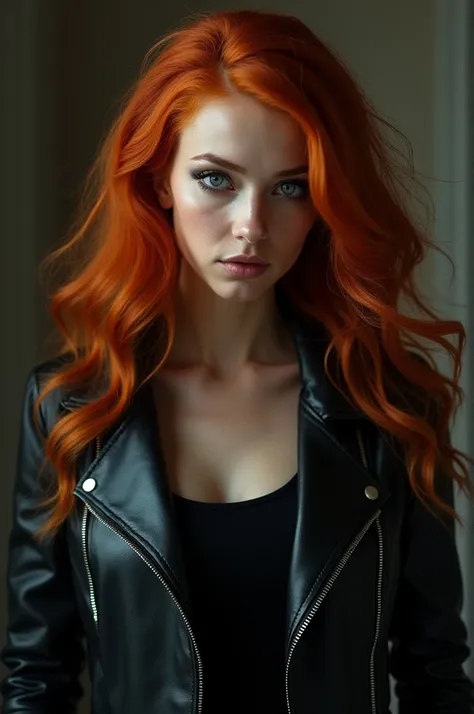 Redhead woman with a black leather jacket
