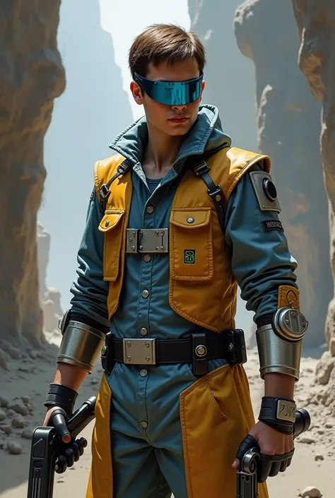 A Miraluka from the Star Wars universe, At 40 years old, wearing blue futuristic mechanic overalls, with technological matte blue visor over the eyes, short brown hair, holding a wrench in one hand and a blaster in the other, impressionism painting 