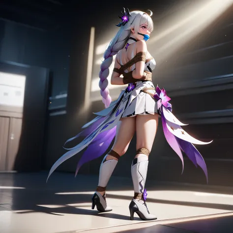 1girl,kaslana kiana,(herrscher of finality), honkai impact 3, rope bondage, full body,  gagged, ballgag, rope, hands behind back,tie white boots, masterpiece, highly aesthetic, photorealistic, 8k, ultra-detailed, cinematic lighting, dramatic shadows, intri...