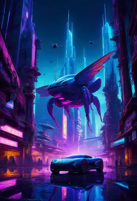 A surreal reflection of a futuristic city bathed in neon light, where towering concrete structures resemble colossal, decaying statues, and cars resemble flying insects buzzing around the towering masses.