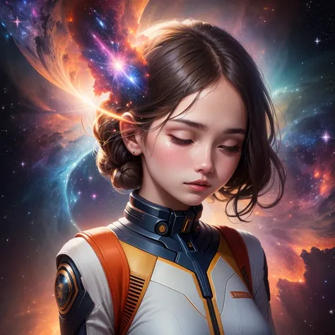 Young girl in deep meditation, Peace, space, galaxies, happy, nebula, Ultra Detailed, hyperrealism, high definition, HD, 8k.